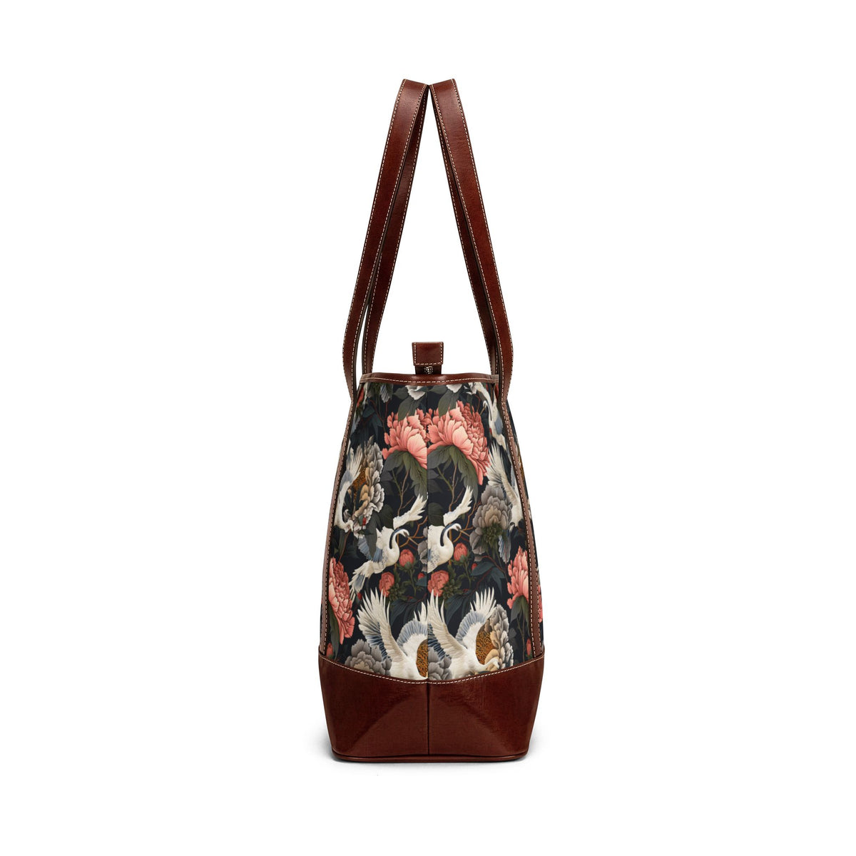 Floral Peony and Crane Print Carryall Handbag | Dark Charcoal Peony Tote