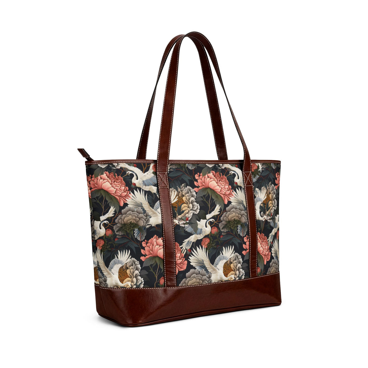 Floral Peony and Crane Print Carryall Handbag | Dark Charcoal Peony Tote