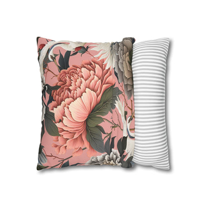 Floral Peony and Crane Throw Pillow Cover | Chinoiserie Botanical Square Pillow Cover, Home Decor