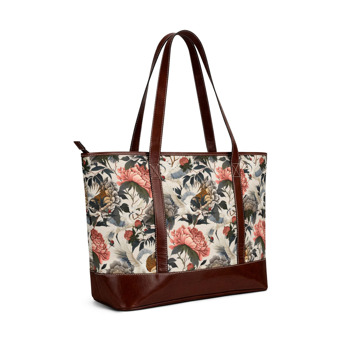 Floral Peony and Crane Print Carryall Handbag | Cream Peony Tote