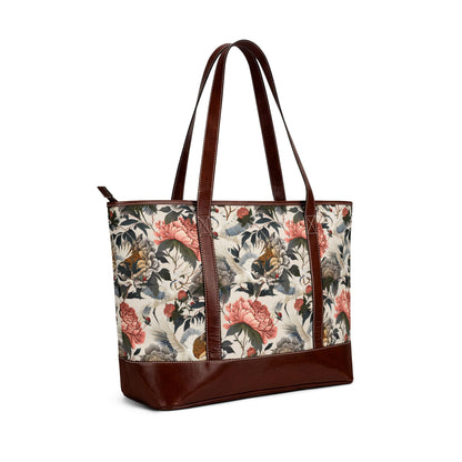 Floral Peony and Crane Print Carryall Handbag | Cream Peony Tote