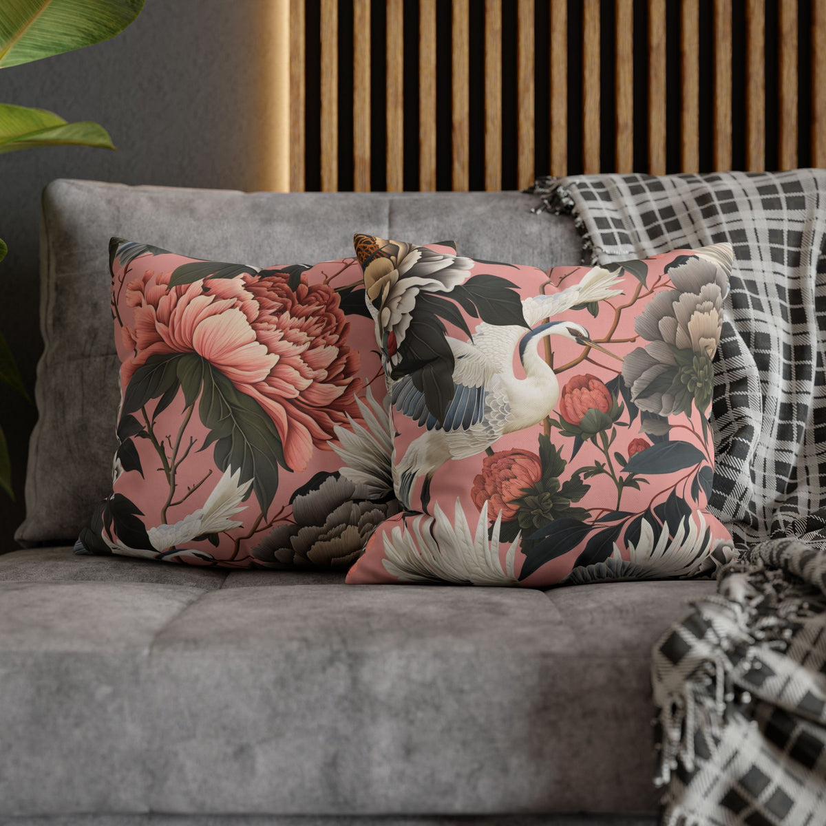 Floral Peony and Crane Throw Pillow Cover | Chinoiserie Botanical Square Pillow Cover, Home Decor