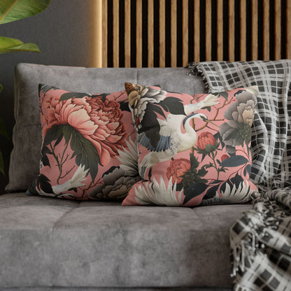Floral Peony and Crane Throw Pillow Cover | Chinoiserie Botanical Square Pillow Cover, Home Decor