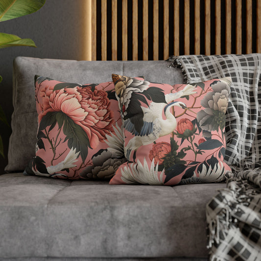 Floral Peony and Crane Throw Pillow Cover | Chinoiserie Botanical Square Pillow Cover, Home Decor