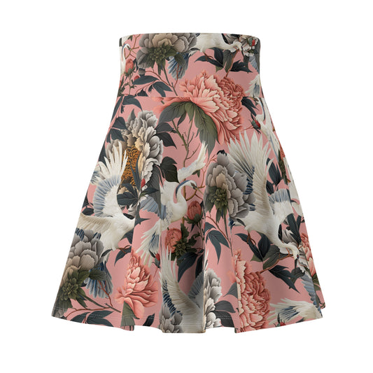 Pink Floral Skater Skirt, Crane Bird Print Flowy Mini Skirt, Chinoiserie Boho Flare Skirt, Cottagecore Women's Skirt