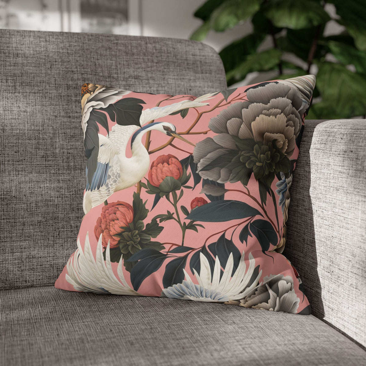Floral Peony and Crane Throw Pillow Cover | Chinoiserie Botanical Square Pillow Cover, Home Decor