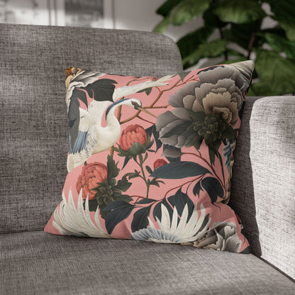 Floral Peony and Crane Throw Pillow Cover | Chinoiserie Botanical Square Pillow Cover, Home Decor