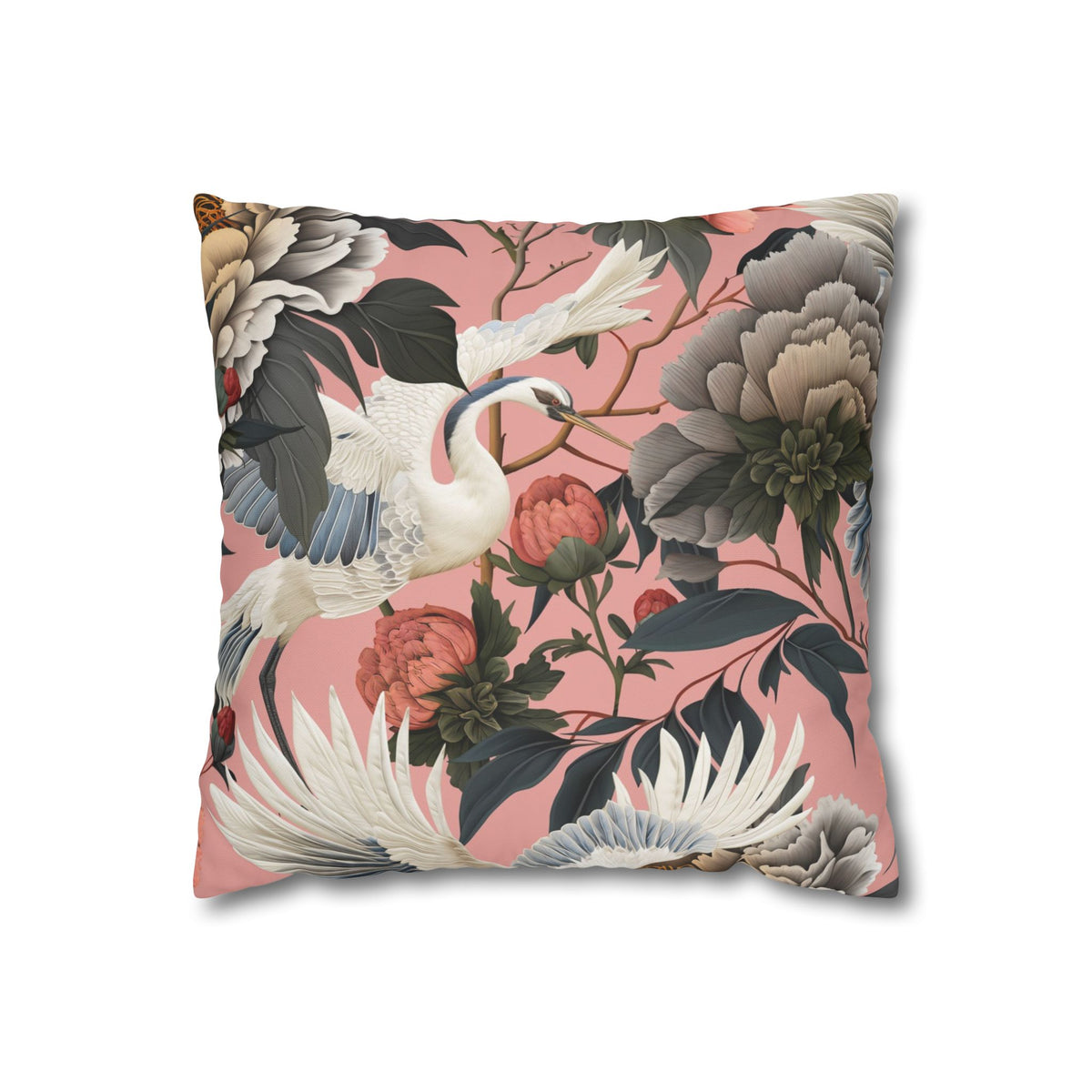 Floral Peony and Crane Throw Pillow Cover | Chinoiserie Botanical Square Pillow Cover, Home Decor