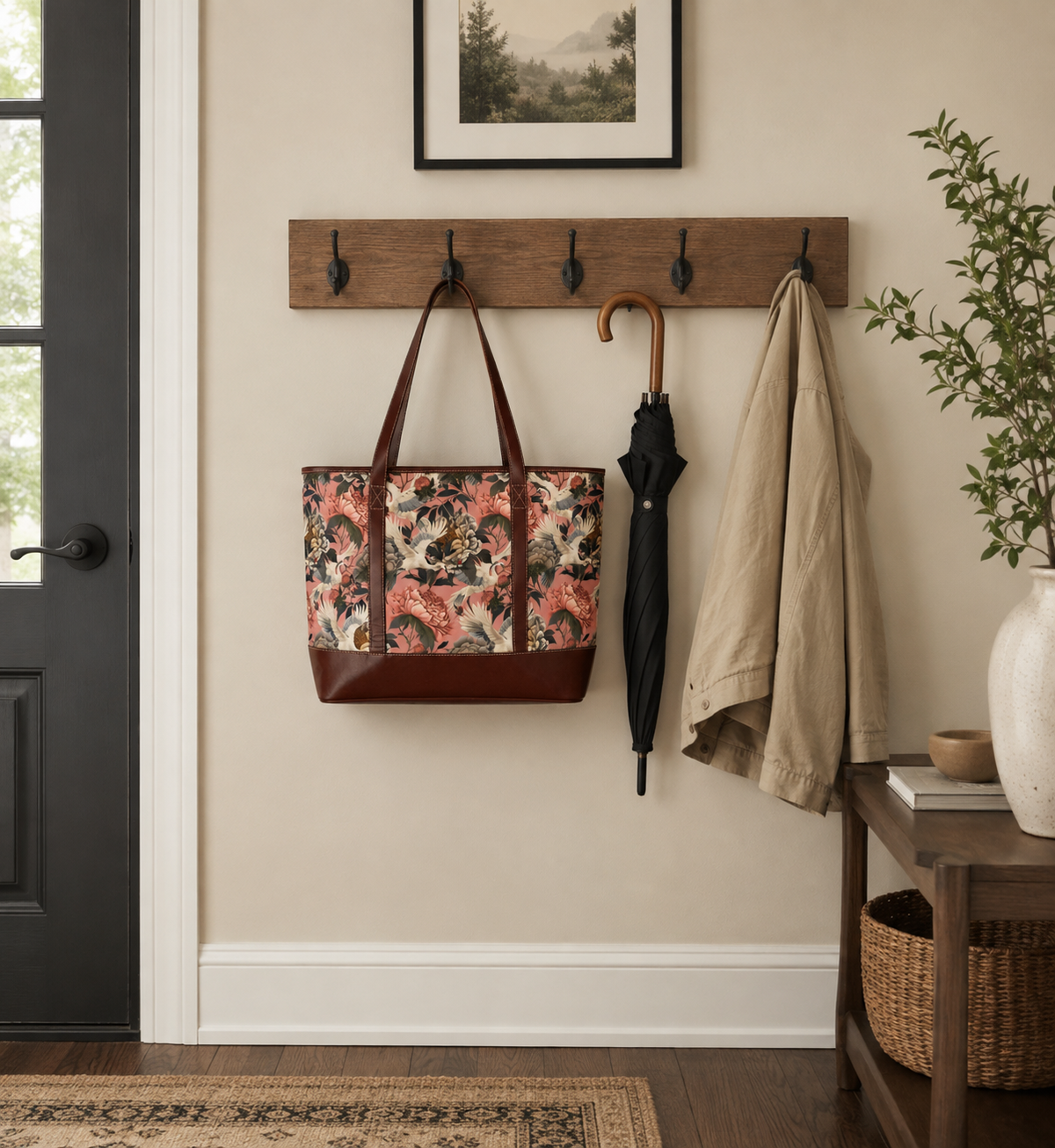 Floral Peony and Crane Print Carryall Handbag | Pink Peony Tote