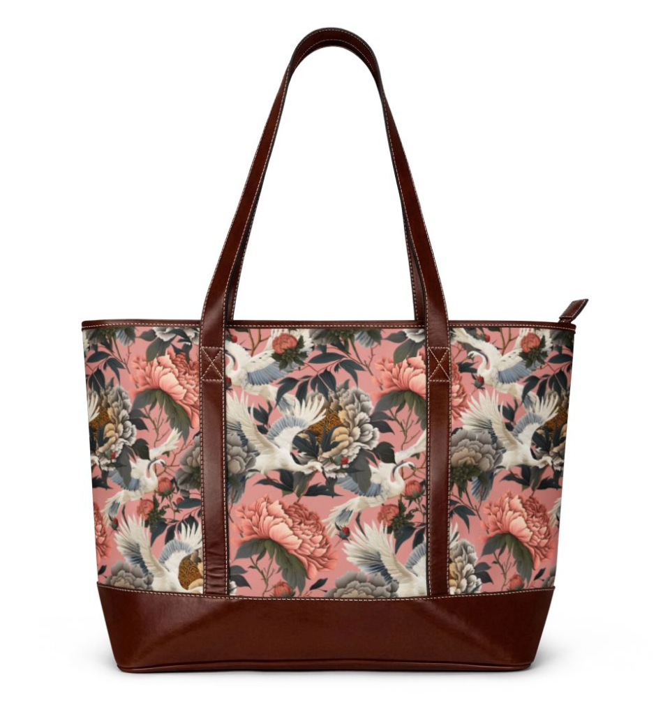 Floral Peony and Crane Print Carryall Handbag | Pink Peony Tote