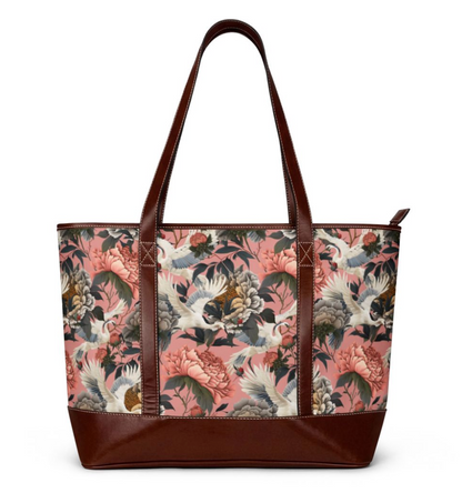 Floral Peony and Crane Print Carryall Handbag | Pink Peony Tote
