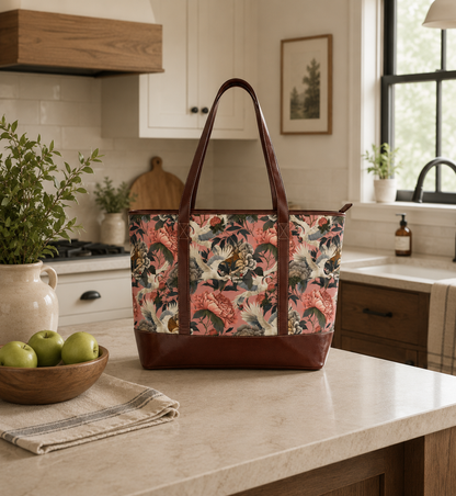 Floral Peony and Crane Print Carryall Handbag | Pink Peony Tote