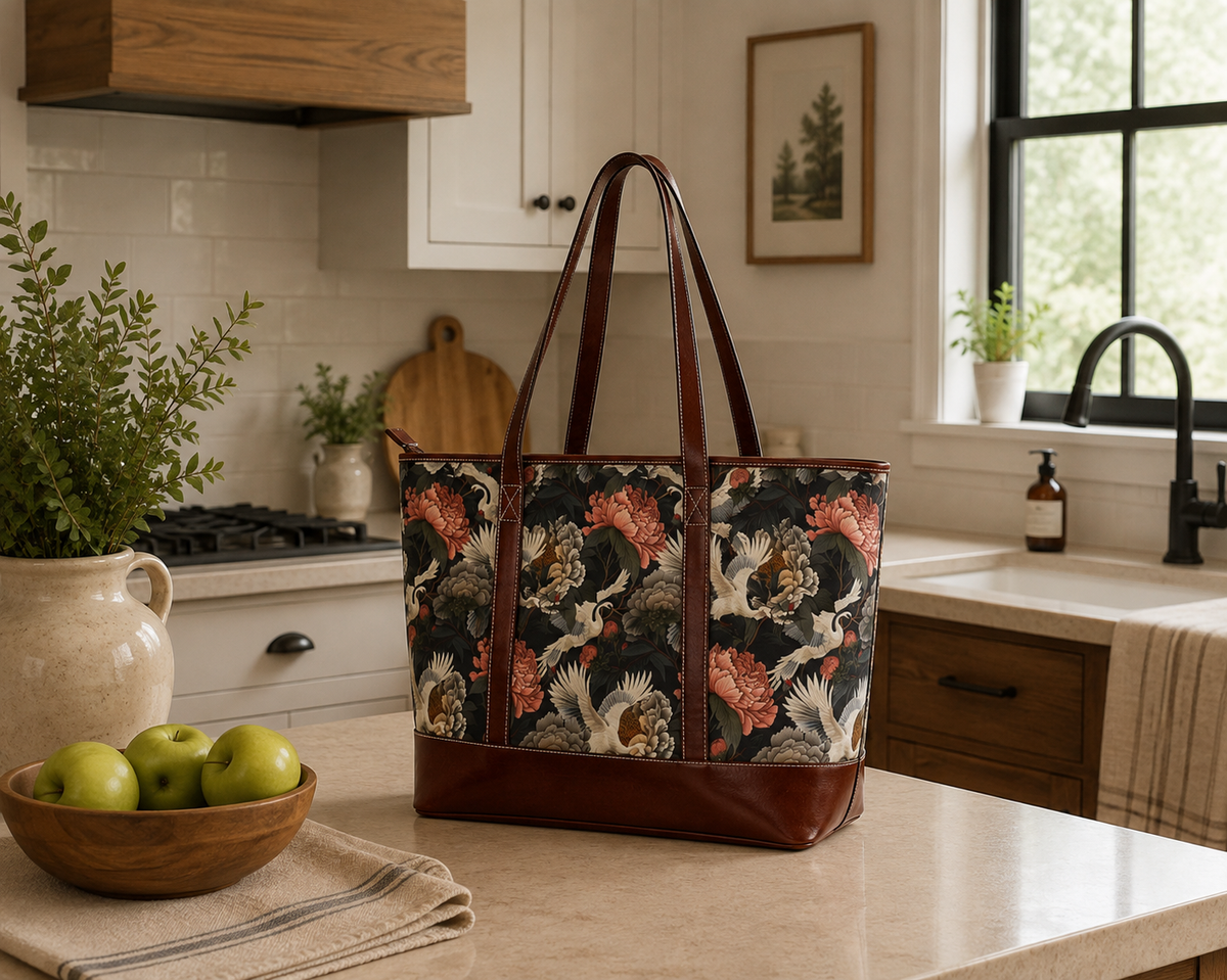 Floral Peony and Crane Print Carryall Handbag | Dark Charcoal Peony Tote