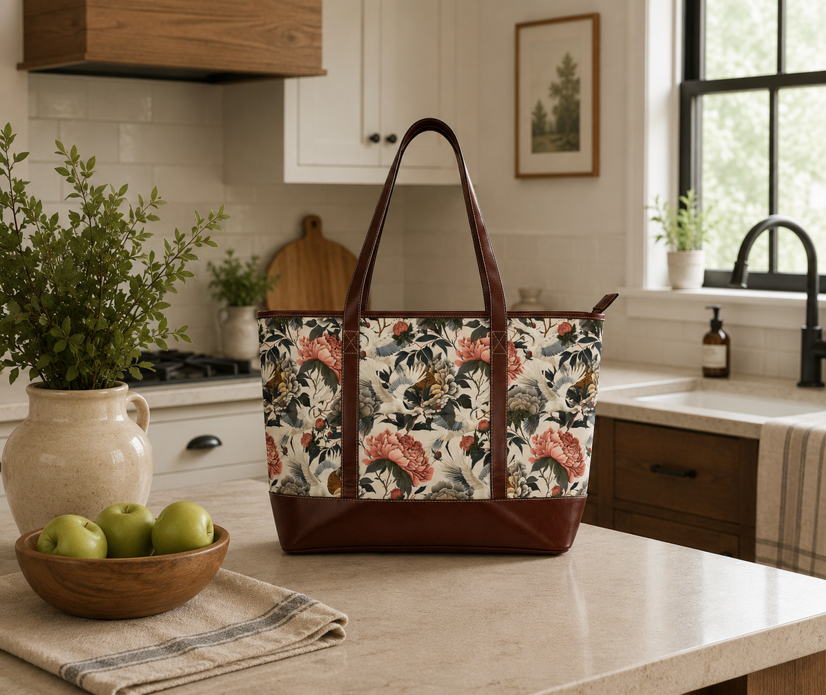Floral Peony and Crane Print Carryall Handbag | Cream Peony Tote