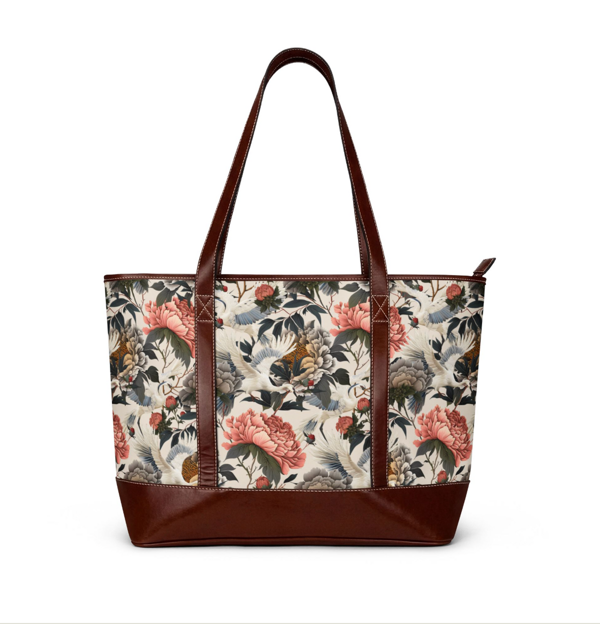 Floral Peony and Crane Print Carryall Handbag | Cream Peony Tote