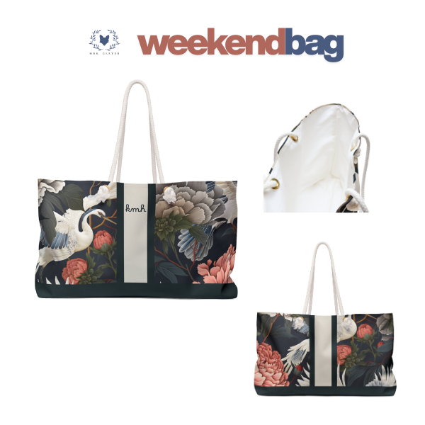 Crane and Peony Floral Weekender Bag | Large Canvas Travel Tote | Mahjong Bag