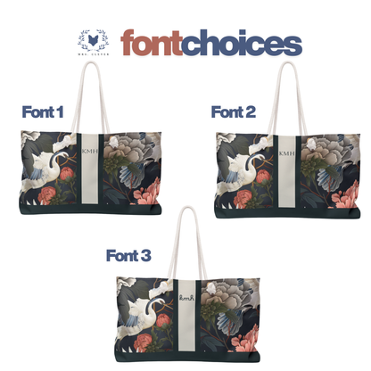 Crane and Peony Floral Weekender Bag | Large Canvas Travel Tote | Mahjong Bag
