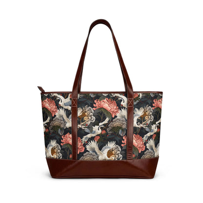 Floral Peony and Crane Print Carryall Handbag | Dark Charcoal Peony Tote