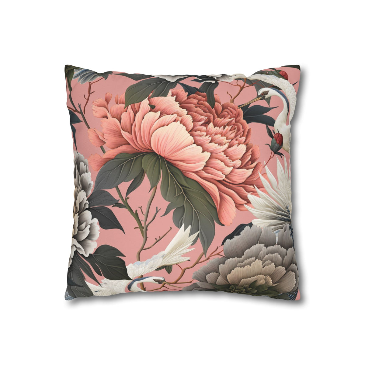 Floral Peony and Crane Throw Pillow Cover | Chinoiserie Botanical Square Pillow Cover, Home Decor