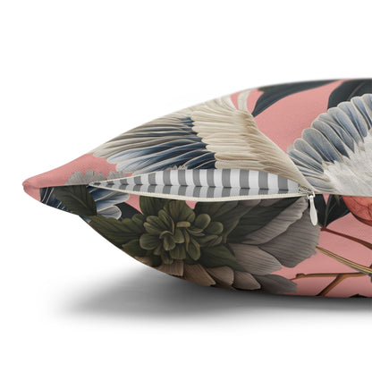 Floral Peony and Crane Throw Pillow Cover | Chinoiserie Botanical Square Pillow Cover, Home Decor