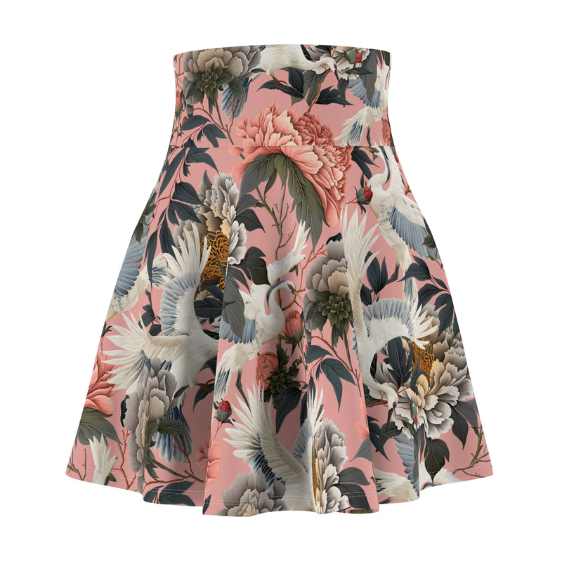 Pink Floral Skater Skirt, Crane Bird Print Flowy Mini Skirt, Chinoiserie Boho Flare Skirt, Cottagecore Women's Skirt
