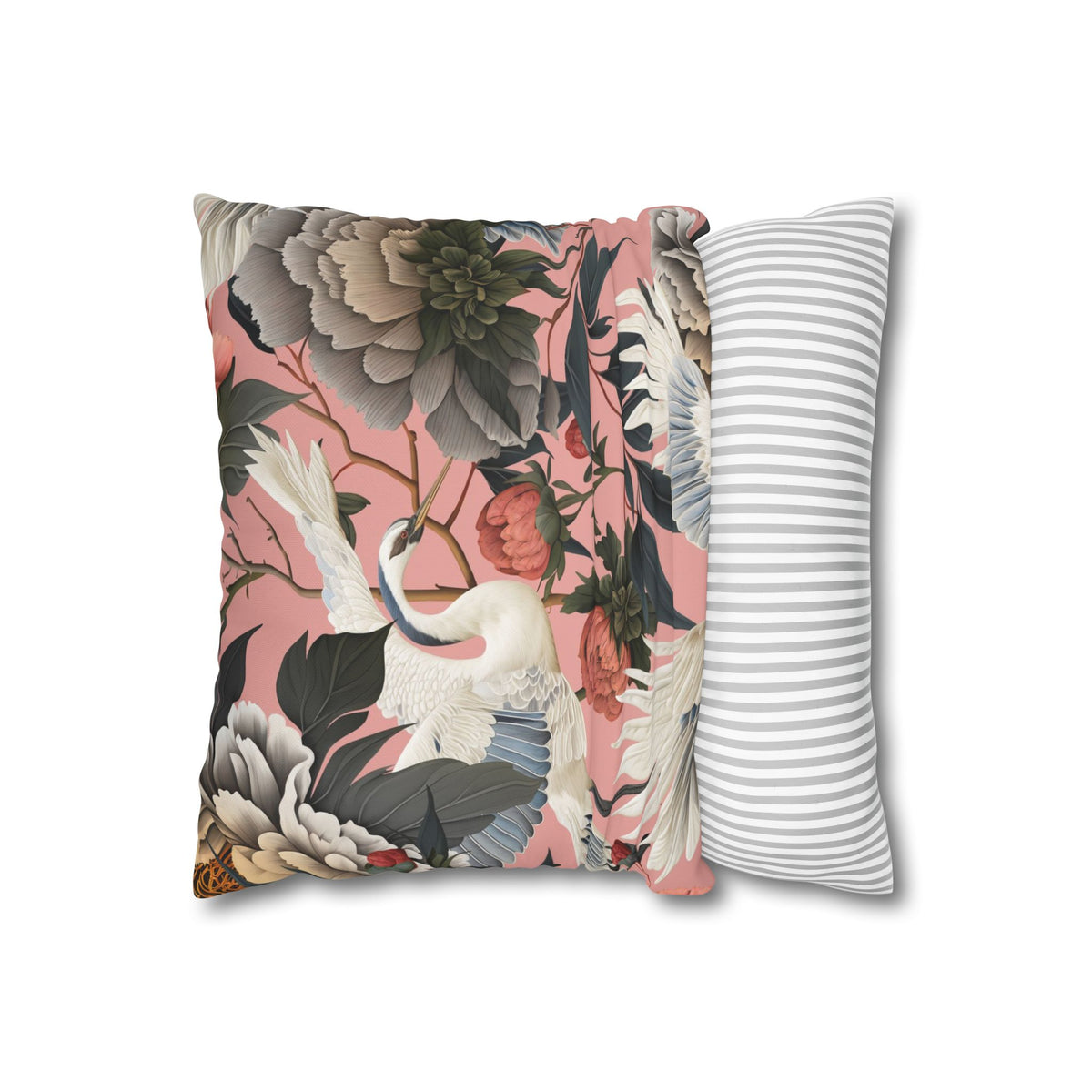 Floral Peony and Crane Throw Pillow Cover | Chinoiserie Botanical Square Pillow Cover, Home Decor